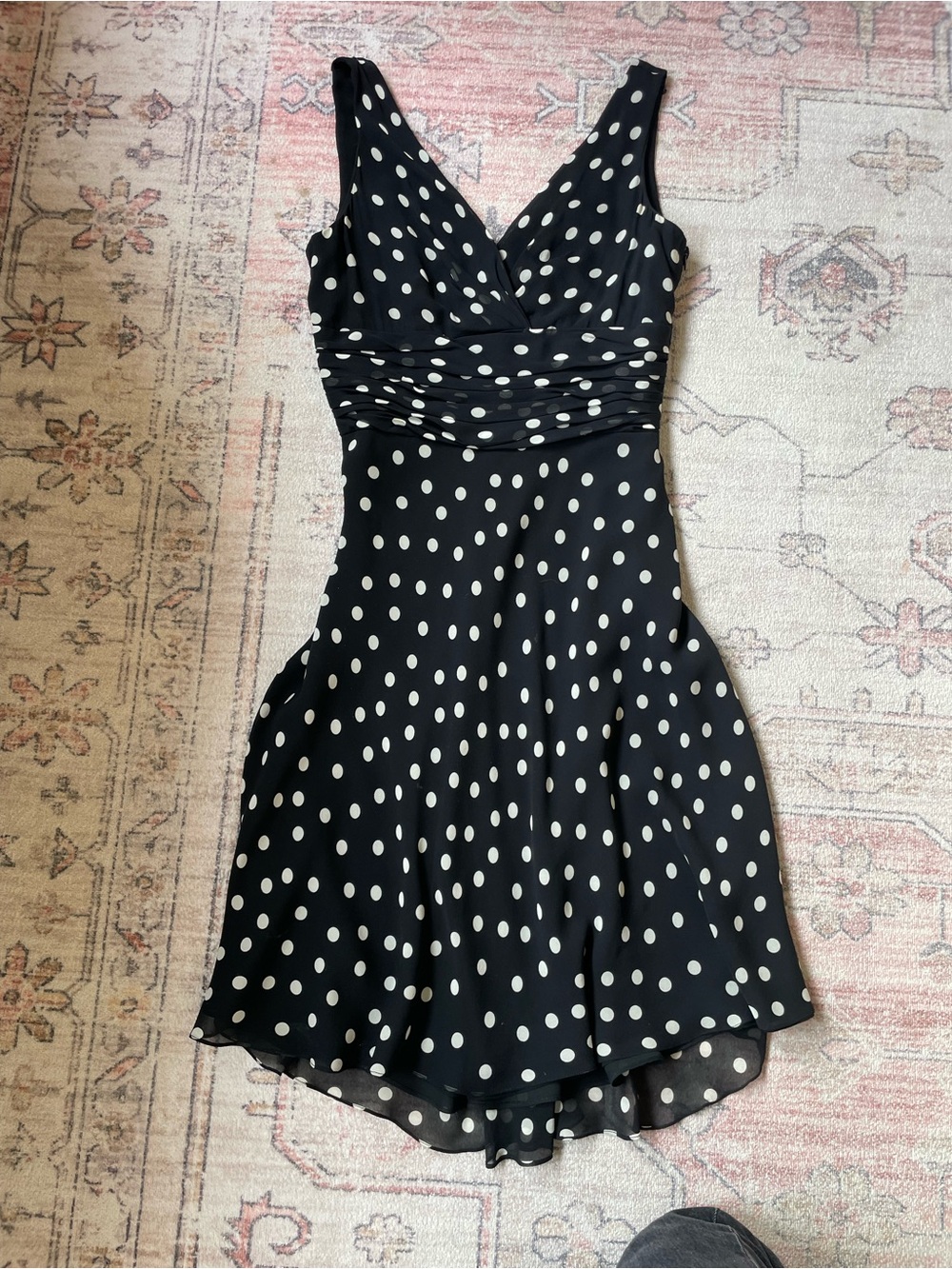 Vintage Kay Unger New York Silk Polka Dot Ruched Midi Dress Womens 6